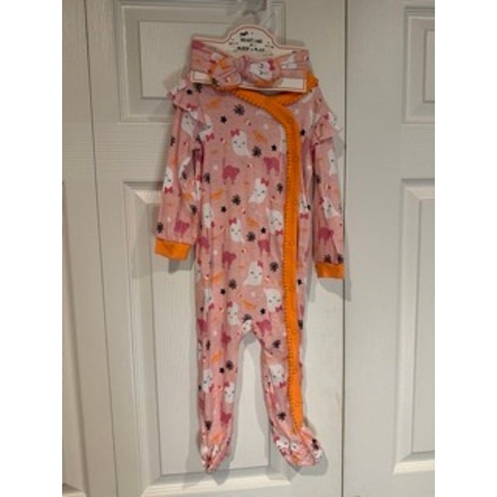 Modern Kids NEW Pink Halloween Ghost Cat Ruffle Pajamas Headband Set 24M